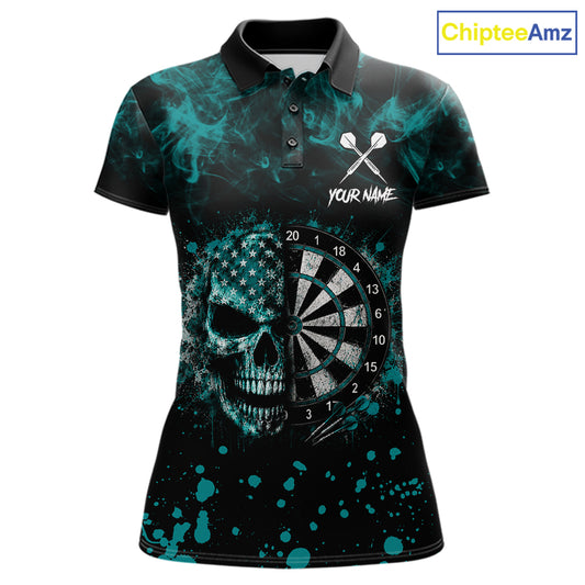 Teal Splatter Skull Darts Polo Quarter Zip Shirt For Women Custom Smoke Skull Dart Team Dart Jersey NYN4097