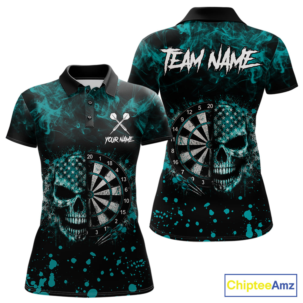 Teal Splatter Skull Darts Polo Quarter Zip Shirt For Women Custom Smoke Skull Dart Team Dart Jersey NYN4097