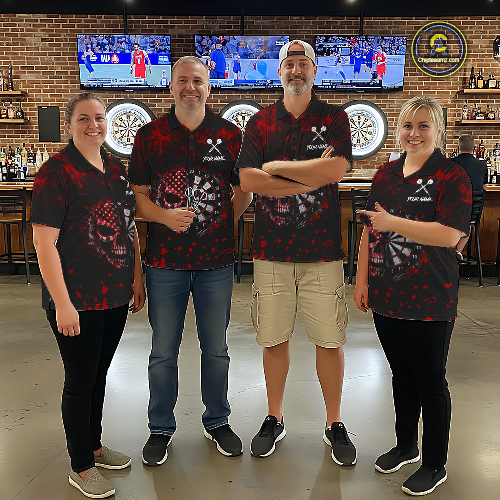 Red Splatter Skull Darts Polo Quarter Zip Shirt For Men Custom Smoke Skull Dart Team Dart Jersey NYN4098