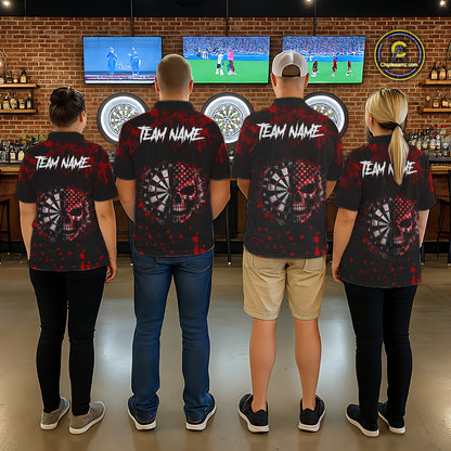 Red Splatter Skull Darts Polo Quarter Zip Shirt For Men Custom Smoke Skull Dart Team Dart Jersey NYN4098