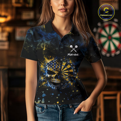 Blue & Yellow Splatter Skull Darts Polo Quarter Zip Shirt For Women Custom Smoke Skull Dart Team Jersey NYN4099