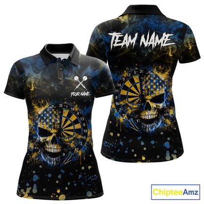 Blue & Yellow Splatter Skull Darts Polo Quarter Zip Shirt For Women Custom Smoke Skull Dart Team Jersey NYN4099