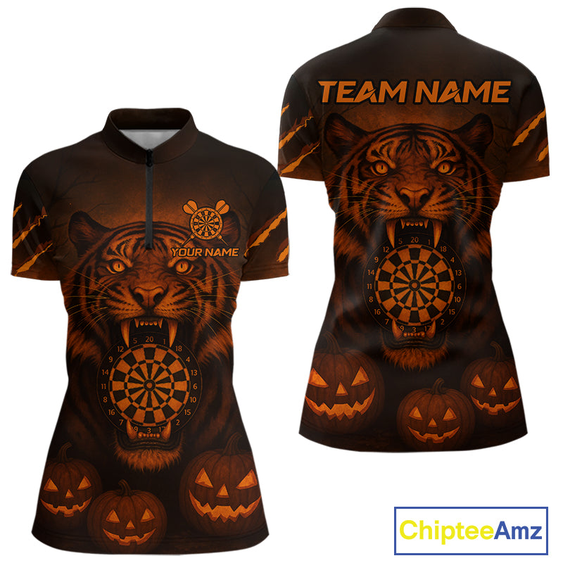 Custom Pumpkin Tiger Horror Halloween Dart 1/4-Zip Shirt For Women Dart Tournament Jerseys NYN1421