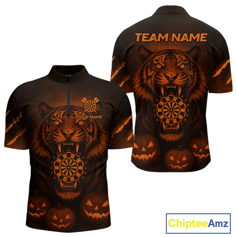 Custom Pumpkin Tiger Horror Halloween Dart 1/4-Zip Shirt For Men Dart Tournament Jerseys NYN1421