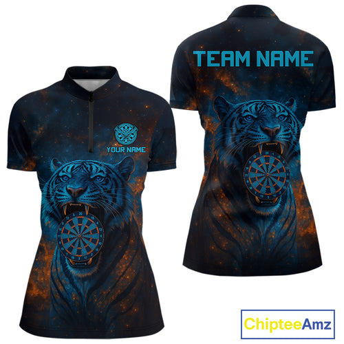 Custom Blue Orange Galaxy Tiger Dartboard Dart 1/4-Zip Shirt For Women Dart Tournament Jerseys NYN1422