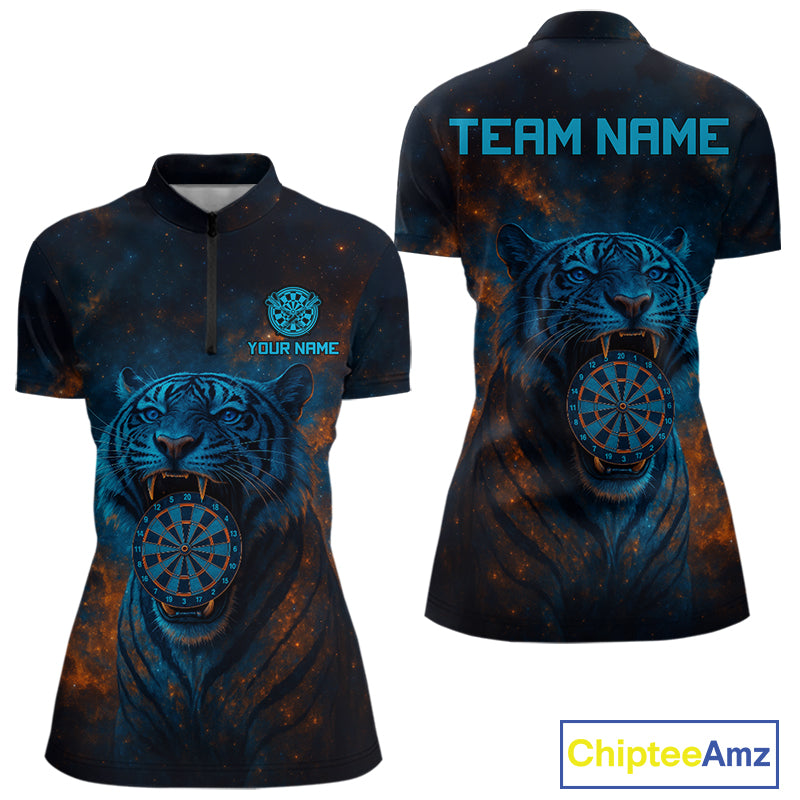 Custom Blue Orange Galaxy Tiger Dartboard Dart 1/4-Zip Shirt For Women Dart Tournament Jerseys NYN1422