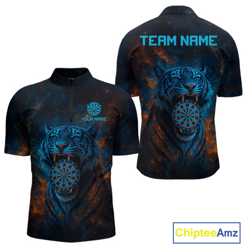Custom Blue Orange Galaxy Tiger Dartboard Dart 1/4-Zip Shirt For Men Dart Tournament Jerseys NYN1422