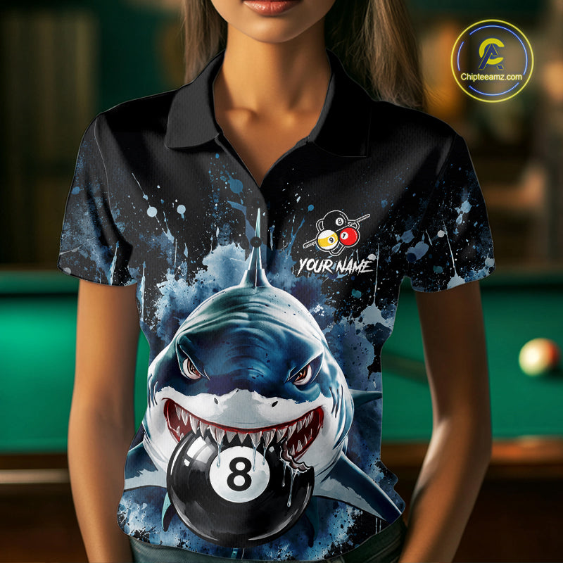 Funny Shark Women Billiard Polo 1/4-Zip Shirt Custom Blue Splatter 8 Ball 9 Ball Pool Team Jersey NYN4481