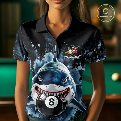 Funny Shark Women Billiard Polo 1/4-Zip Shirt Custom Blue Splatter 8 Ball 9 Ball Pool Team Jersey NYN4481