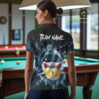 Funny Shark Women Billiard Polo 1/4-Zip Shirt Custom Blue Splatter 8 Ball 9 Ball Pool Team Jersey NYN4481