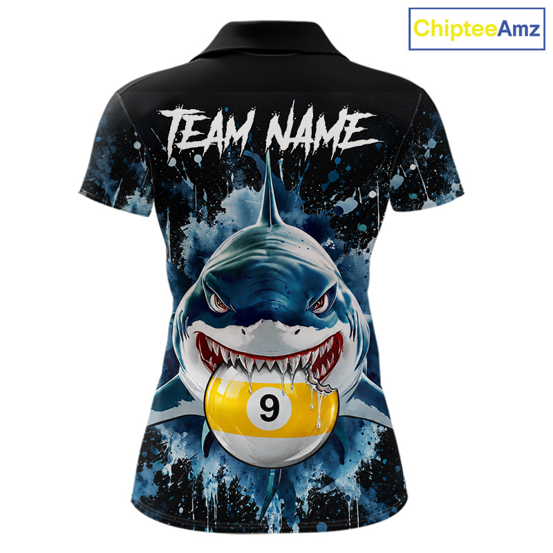 Funny Shark Women Billiard Polo 1/4-Zip Shirt Custom Blue Splatter 8 Ball 9 Ball Pool Team Jersey NYN4481