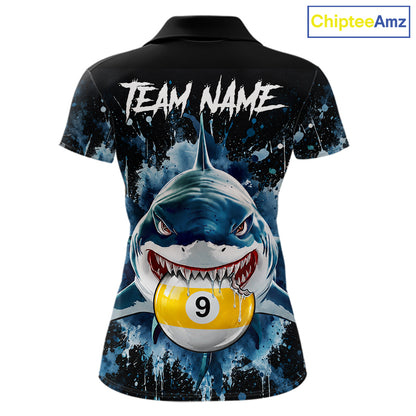 Funny Shark Women Billiard Polo 1/4-Zip Shirt Custom Blue Splatter 8 Ball 9 Ball Pool Team Jersey NYN4481