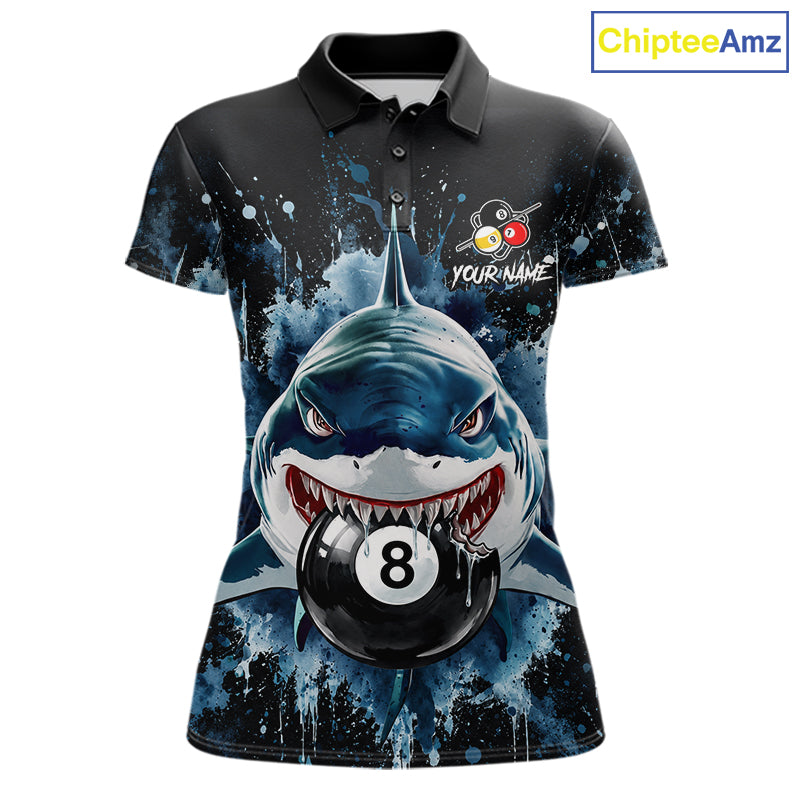 Funny Shark Women Billiard Polo 1/4-Zip Shirt Custom Blue Splatter 8 Ball 9 Ball Pool Team Jersey NYN4481