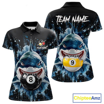 Funny Shark Women Billiard Polo 1/4-Zip Shirt Custom Blue Splatter 8 Ball 9 Ball Pool Team Jersey NYN4481