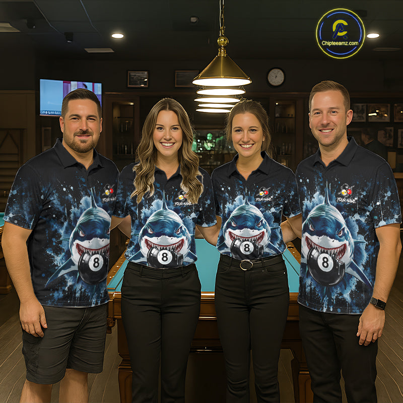 Funny Shark Women Billiard Polo 1/4-Zip Shirt Custom Blue Splatter 8 Ball 9 Ball Pool Team Jersey NYN4481