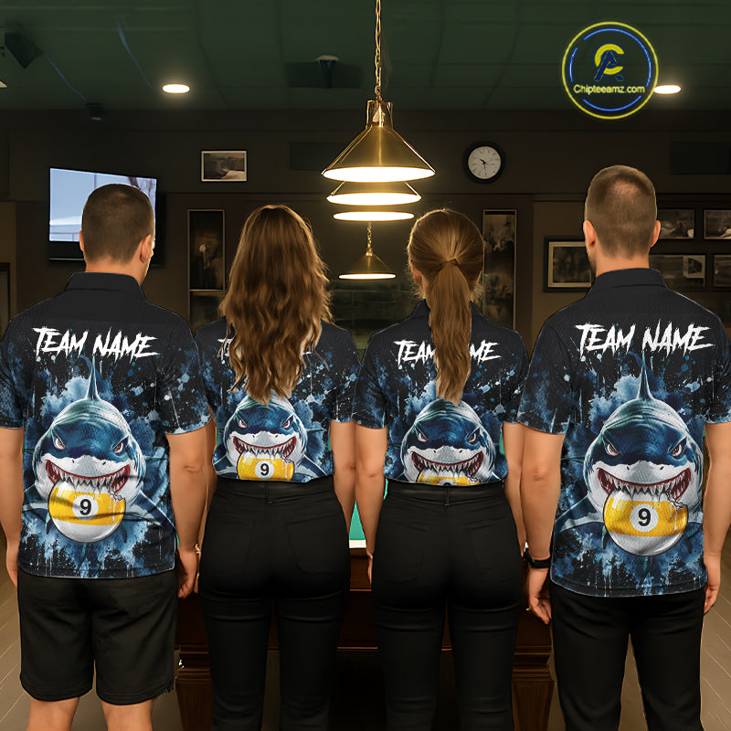 Funny Shark Women Billiard Polo 1/4-Zip Shirt Custom Blue Splatter 8 Ball 9 Ball Pool Team Jersey NYN4481