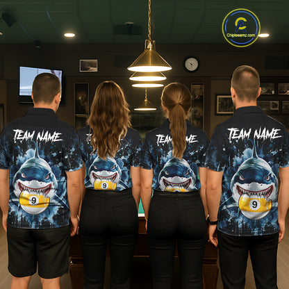 Funny Shark Women Billiard Polo 1/4-Zip Shirt Custom Blue Splatter 8 Ball 9 Ball Pool Team Jersey NYN4481