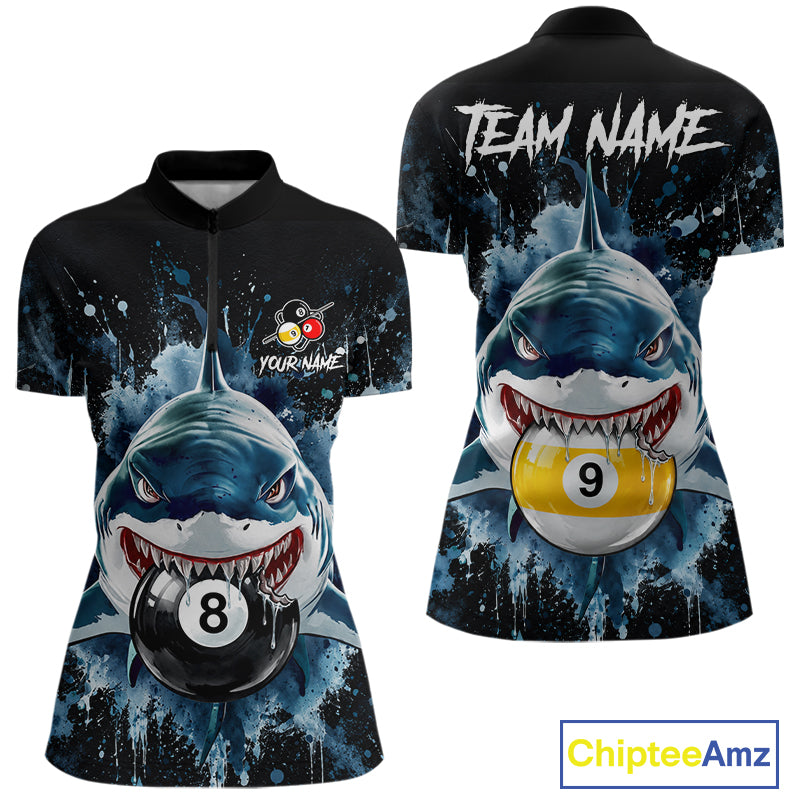 Funny Shark Women Billiard Polo 1/4-Zip Shirt Custom Blue Splatter 8 Ball 9 Ball Pool Team Jersey NYN4481