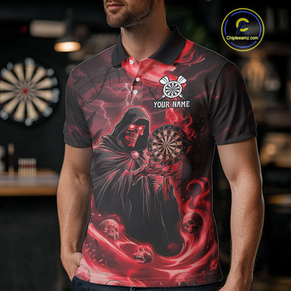 Custom Red Grim Reaper Fire Flames Dart Men Polo Jerseys Outfits Skull Dart Shirt NYN1682