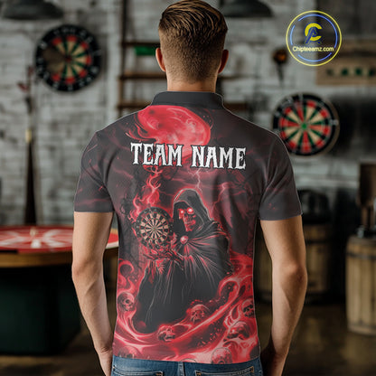 Custom Red Grim Reaper Fire Flames Dart Men Polo Jerseys Outfits Skull Dart Shirt NYN1682