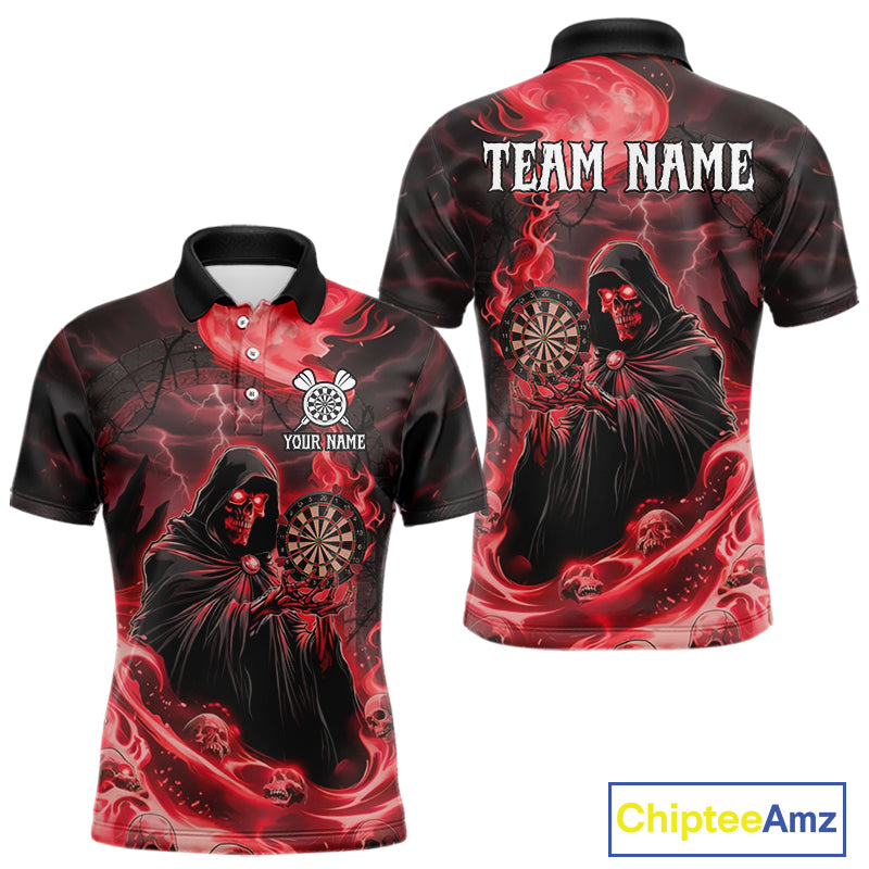 Custom Red Grim Reaper Fire Flames Dart Men Polo Jerseys Outfits Skull Dart Shirt NYN1682