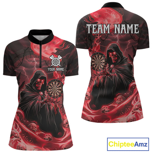 Custom Red Grim Reaper Fire Flames Dart Women 1/4-Zip Jerseys Outfits Skull Dart Shirt NYN1682