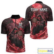 Load image into Gallery viewer, Custom Red Grim Reaper Fire Flames Dart Men 1/4-Zip Jerseys Outfits Skull Dart Shirt NYN1682