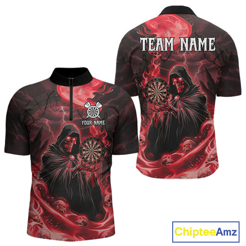 Custom Red Grim Reaper Fire Flames Dart Men 1/4-Zip Jerseys Outfits Skull Dart Shirt NYN1682