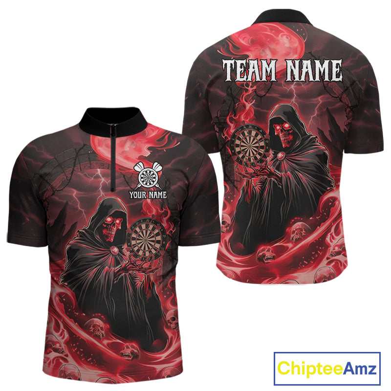 Custom Red Grim Reaper Fire Flames Dart Men 1/4-Zip Jerseys Outfits Skull Dart Shirt NYN1682