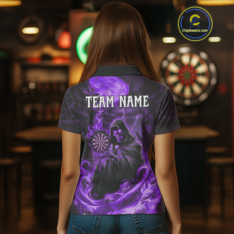 Custom Purple Grim Reaper Fire Flames Dart Women Polo Jerseys Outfits Skull Dart Shirt NYN1683