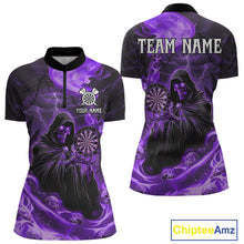 Load image into Gallery viewer, Custom Purple Grim Reaper Fire Flames Dart Women 1/4-Zip Jerseys Outfits Skull Dart Shirt NYN1683