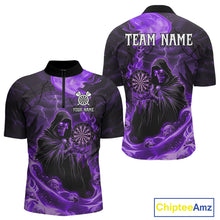 Load image into Gallery viewer, Custom Purple Grim Reaper Fire Flames Dart Men 1/4-Zip Jerseys Outfits Skull Dart Shirt NYN1683