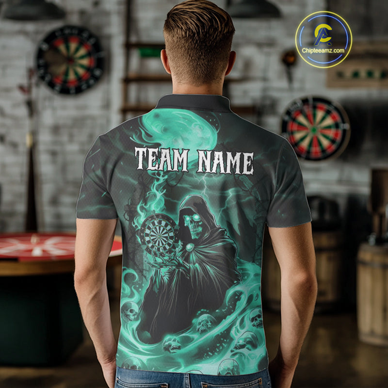Custom Turquoise Grim Reaper Fire Flames Dart Men Polo Jerseys Outfits Skull Dart Shirt NYN1684