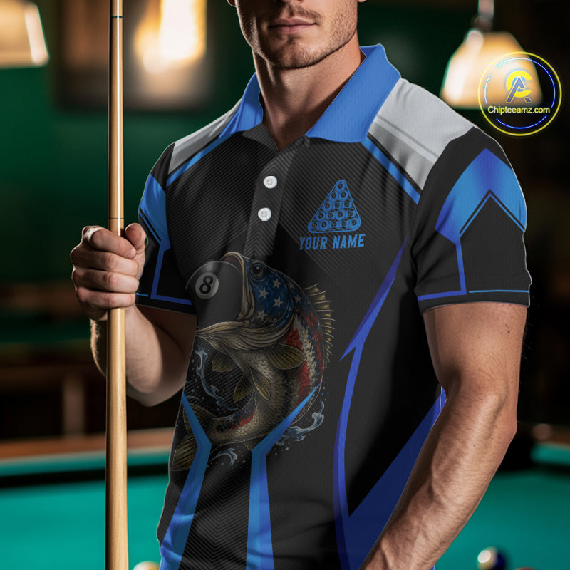 Funny Bass Hold Pool 8 Ball Men's Billiard Team Shirt Custom Billiard Polo & 1/4-Zip Attire|Blue NYN2500