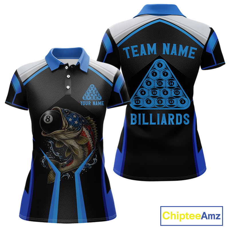 Funny Bass Hold Pool 8 Ball Women's Billiard Team Shirt Custom Billiard Polo & 1/4-Zip Attire|Blue NYN2500
