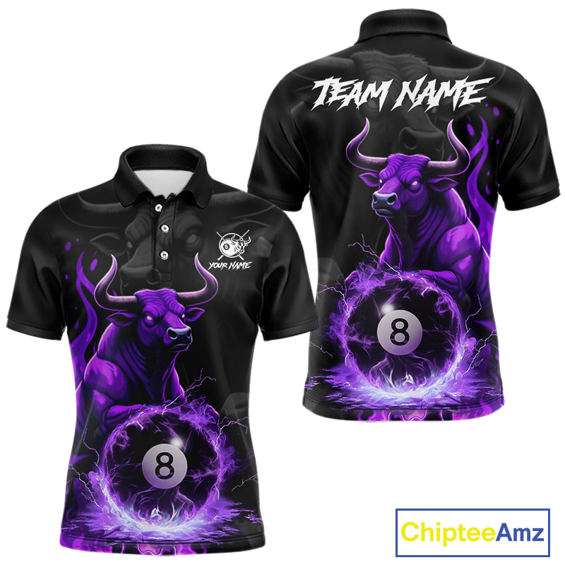Black & Purple Flames Pool 8 Ball Men's Billiard Team Shirt Custom Funny Bull Billiard Attire NYN2502