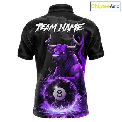 Black & Purple Flames Pool 8 Ball Men's Billiard Team Shirt Custom Funny Bull Billiard Attire NYN2502