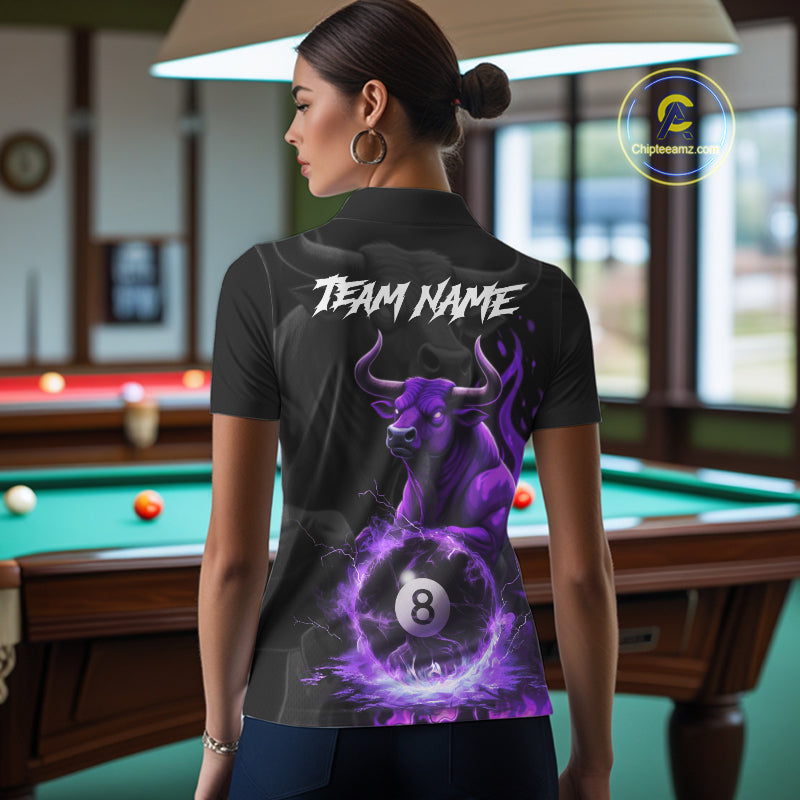 Black & Purple Flames Pool 8 Ball Women's Billiard Team Shirt Custom Funny Bull Billiard Attire NYN2502