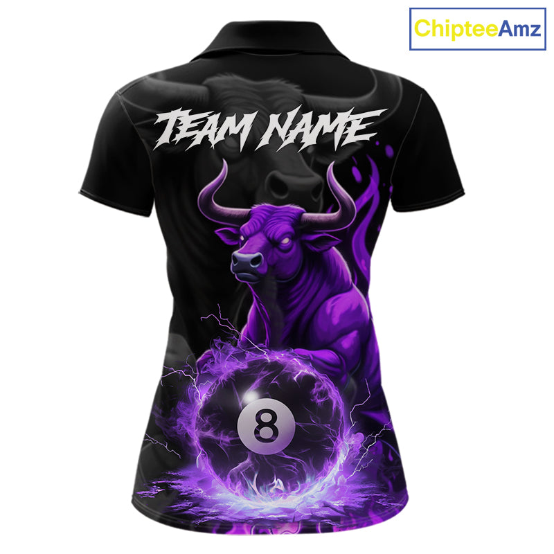 Black & Purple Flames Pool 8 Ball Women's Billiard Team Shirt Custom Funny Bull Billiard Attire NYN2502
