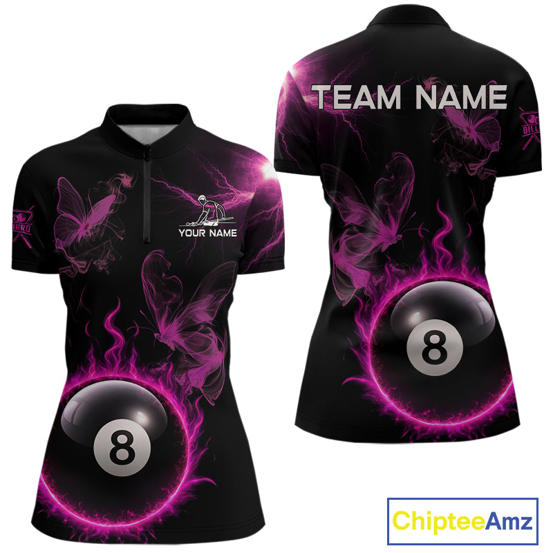 Pink Smokes Butterfly Pool 8 Ball Women's Billiard Team Shirt Custom Billiard Polo & 1/4-Zip Attire NYN2505