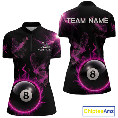 Pink Smokes Butterfly Pool 8 Ball Women's Billiard Team Shirt Custom Billiard Polo & 1/4-Zip Attire NYN2505