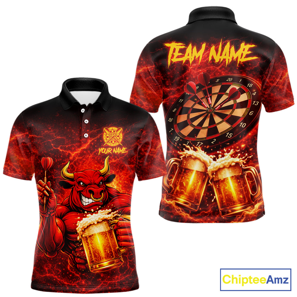 Red|Funny Bull & Beer Thunder Lightning Dart Polo Shirts For Men Custom Name For Darters NYN2698