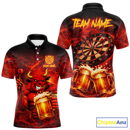 Red|Funny Bull & Beer Thunder Lightning Dart Polo Shirts For Men Custom Name For Darters NYN2698