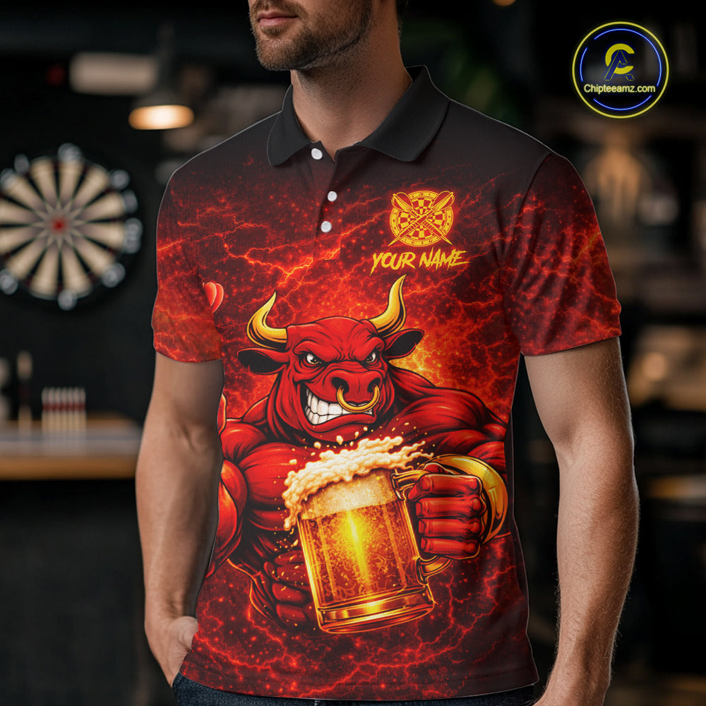 Red|Funny Bull & Beer Thunder Lightning Dart Polo Shirts For Men Custom Name For Darters NYN2698