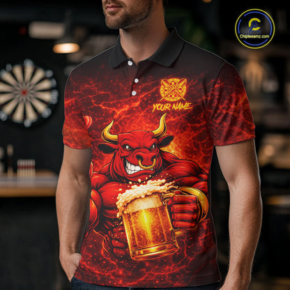 Red|Funny Bull & Beer Thunder Lightning Dart Polo Shirts For Men Custom Name For Darters NYN2698