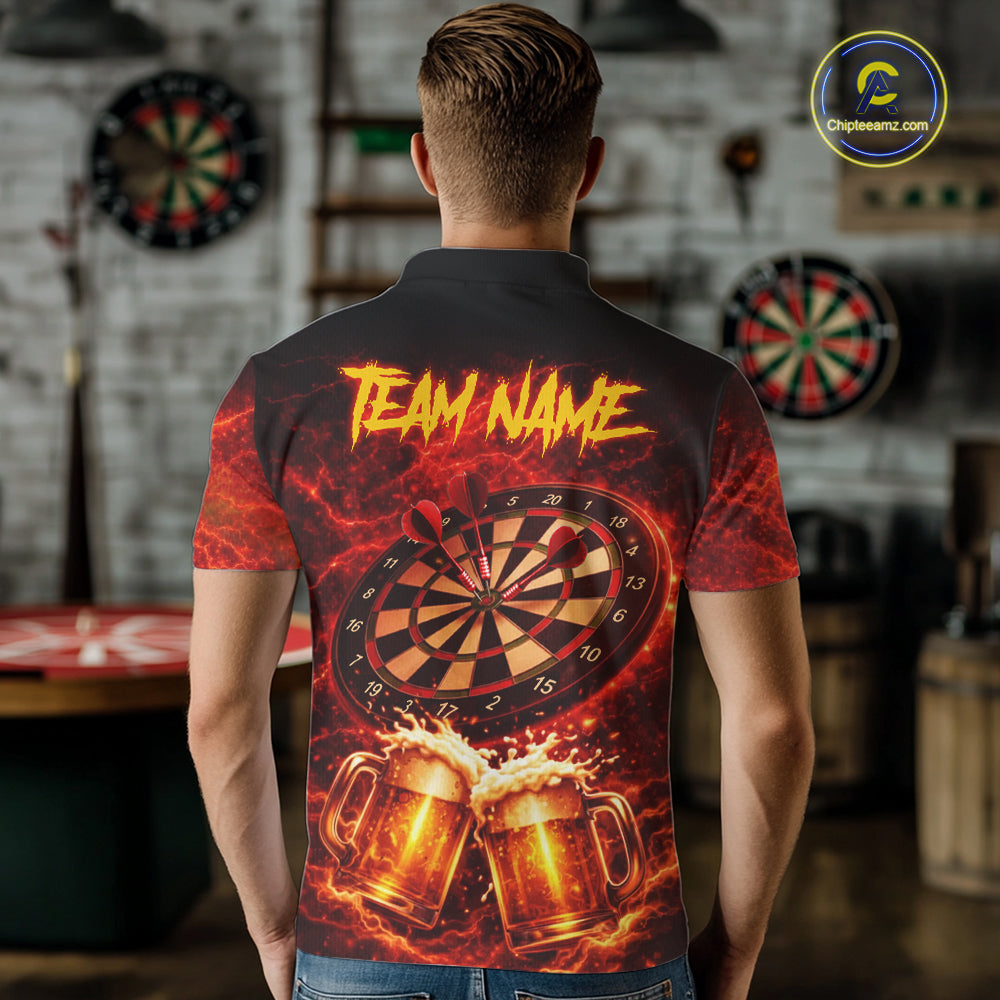 Red|Funny Bull & Beer Thunder Lightning Dart Polo Shirts For Men Custom Name For Darters NYN2698
