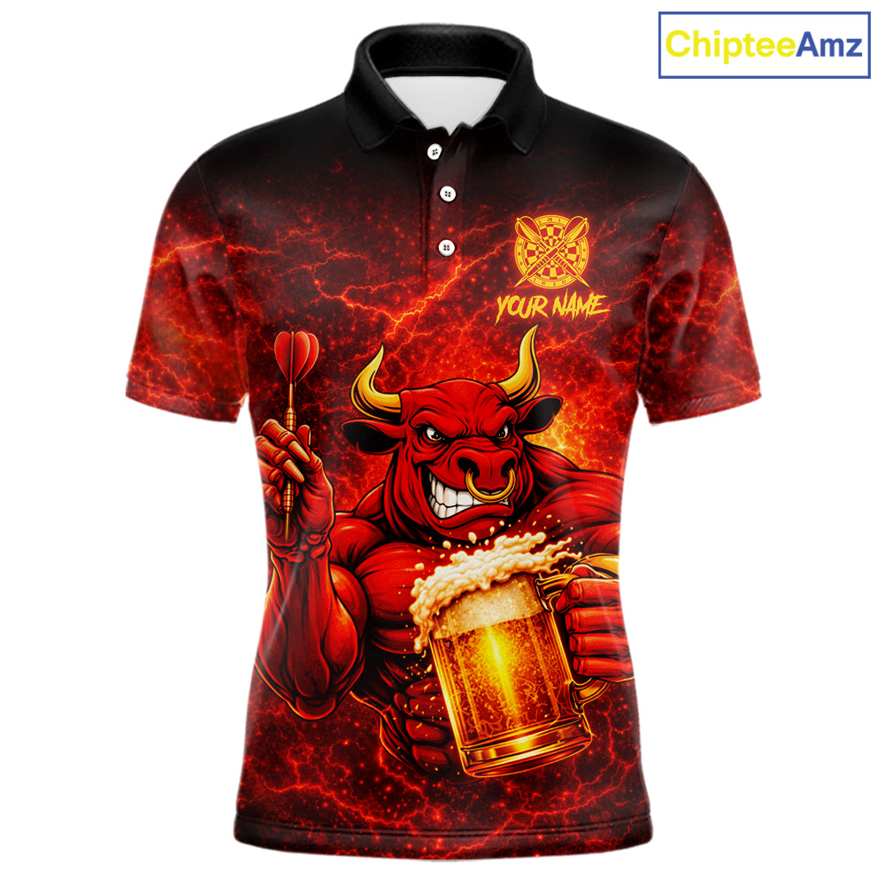 Red|Funny Bull & Beer Thunder Lightning Dart Polo Shirts For Men Custom Name For Darters NYN2698