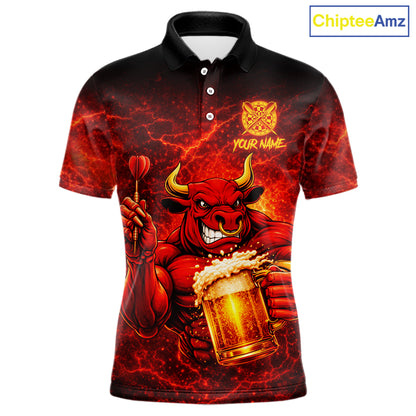 Red|Funny Bull & Beer Thunder Lightning Dart Polo Shirts For Men Custom Name For Darters NYN2698