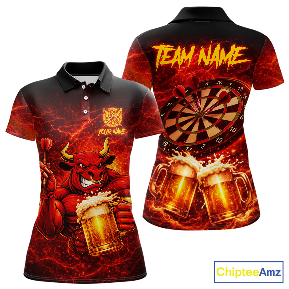 Red|Funny Bull & Beer Thunder Lightning Dart Polo Shirts For Women Custom Name For Darters NYN2698