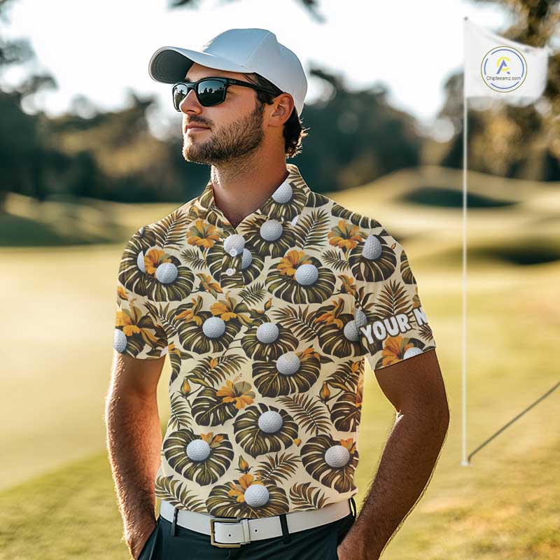 Personalized Tropical Yellow Monstera And Golfs Pattern Custom Golf Polo Shirt For Men Golf Team Clothes NYN2865